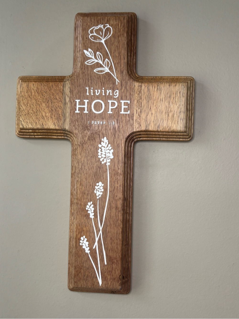 NOS Living Hope Cross 1 Peter 1:3 Solid Carved Wood Painted Mary & Martha 15.5”